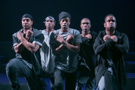 Gary L. Perkins III, Clayton Pelham, Jr., Justin Weaks, Chris Lane, and Louis E. Davis in Word Becomes Flesh, Alliance Theatre.