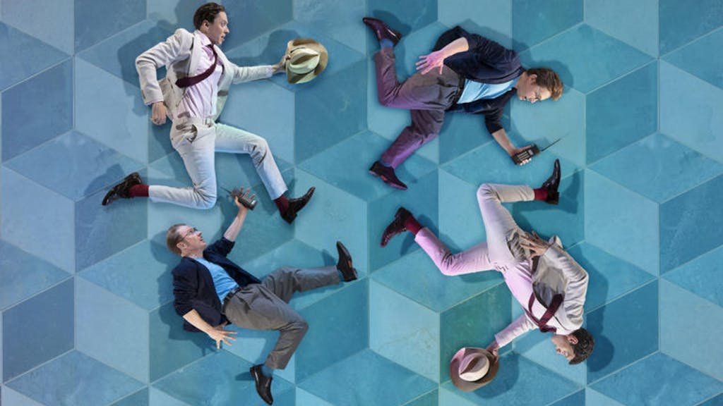 The Comedy of Errors promotional artwork, with four men running on a blue cubed background